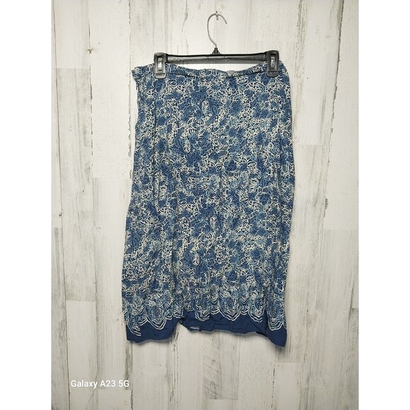 Coldwater Creek Faux Wrap Below Knee Skirt Blue White Floral Draped Side Zip L - Picture 3 of 5